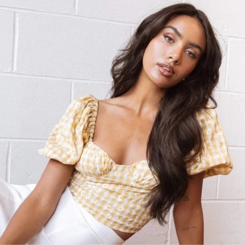 Petal + Pup Gingham Daisy Floral Midle Puff Sleeve Crop Top Yellow